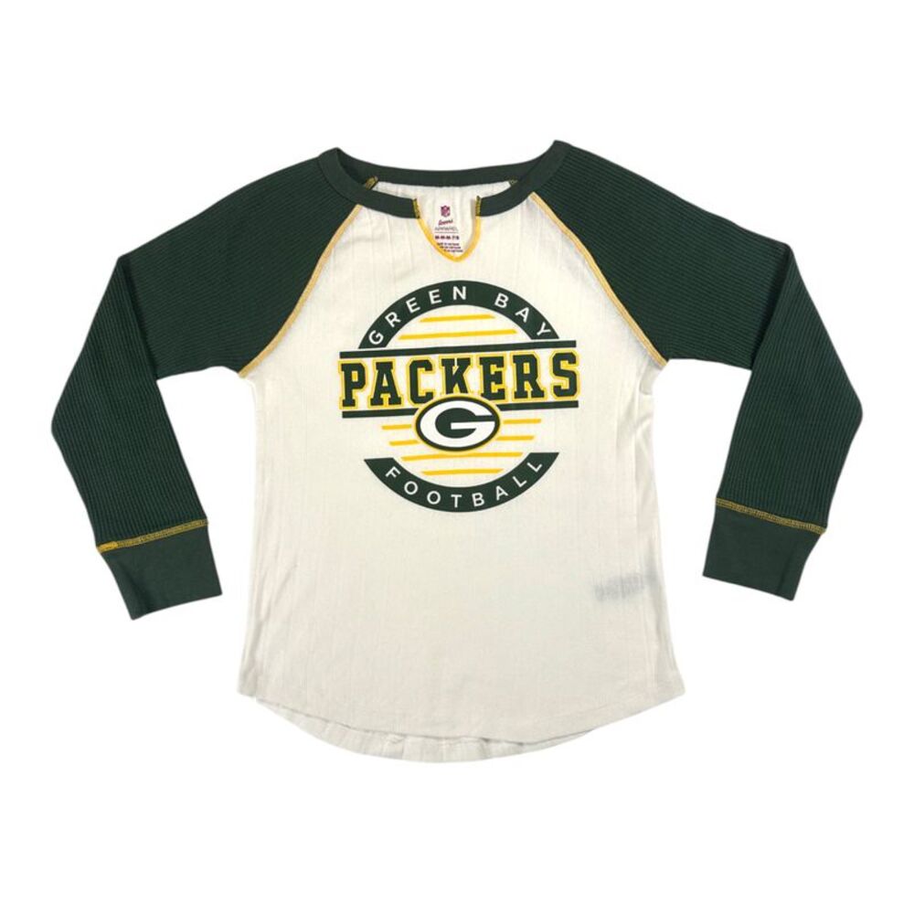 NFL Green Bay Packers Teen Girls Raglan Long Sleeve Shirt in White/Green, Small